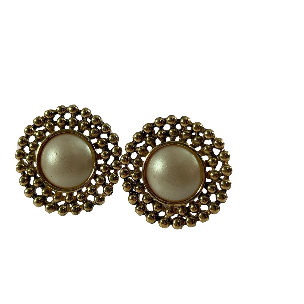 Vintage Gjd Ginnie Johansen Earrings Large Button Gold Tone Faux Pearl Clip On